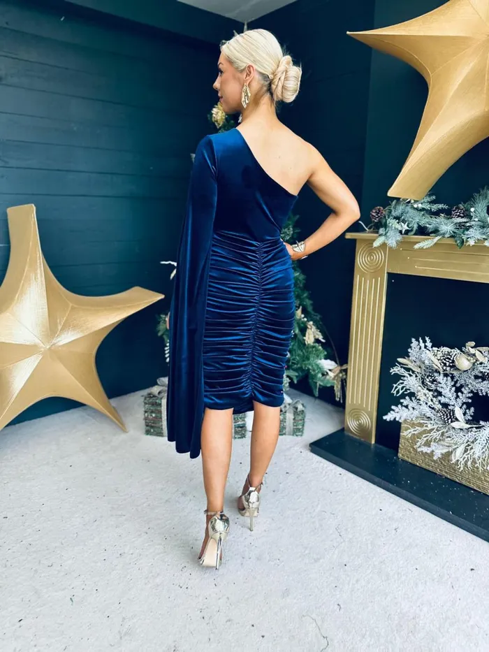 Women Evening Dress Canella Lane Elaine Ruched Velvet Occasion Dress Navy