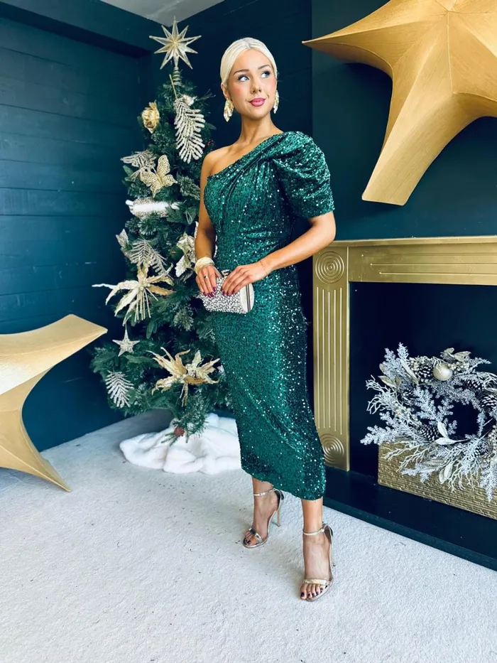 Women Evening Dress Canella Lane Georgia One Shoulder Sequin Midi Dress Forest