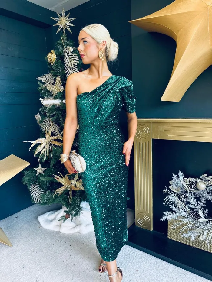 Women Evening Dress Canella Lane Georgia One Shoulder Sequin Midi Dress Forest