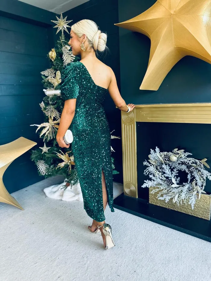Women Evening Dress Canella Lane Georgia One Shoulder Sequin Midi Dress Forest