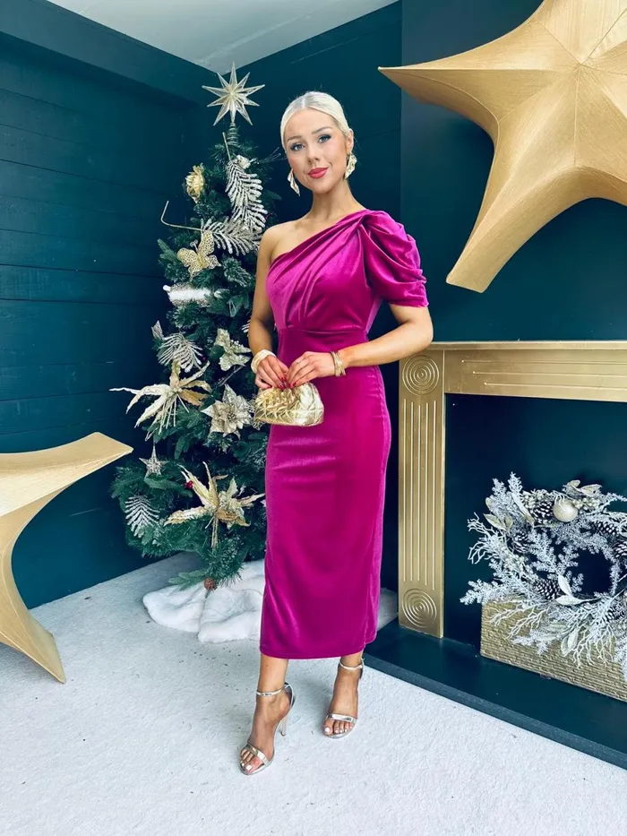 Women Evening Dress Canella Lane Katie One Shoulder Velvet Occasion Dress Berry