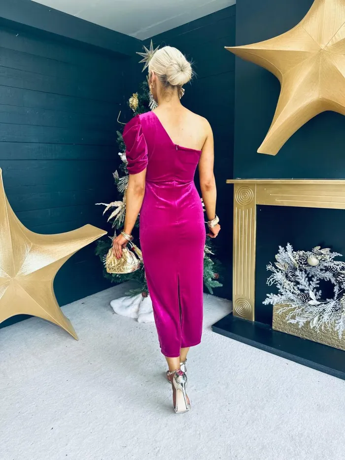 Women Evening Dress Canella Lane Katie One Shoulder Velvet Occasion Dress Berry