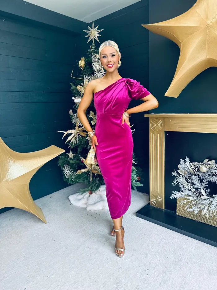 Women Evening Dress Canella Lane Katie One Shoulder Velvet Occasion Dress Berry