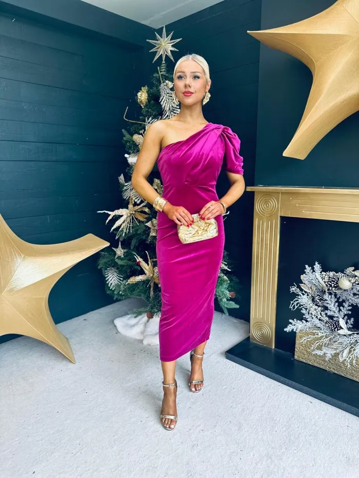 Women Evening Dress Canella Lane Katie One Shoulder Velvet Occasion Dress Berry