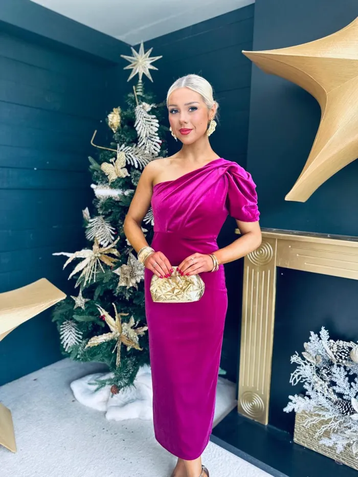 Women Evening Dress Canella Lane Katie One Shoulder Velvet Occasion Dress Berry