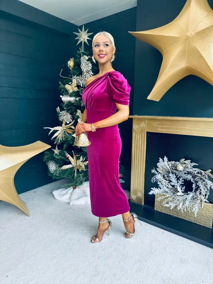 Women Evening Dress Canella Lane Katie One Shoulder Velvet Occasion Dress Berry