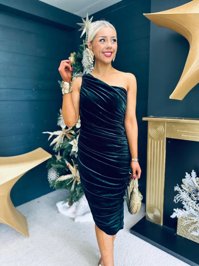 Women Evening Dress Canella Lane Sandra Velvet One Shoulder Ruched Midi Dress Forest