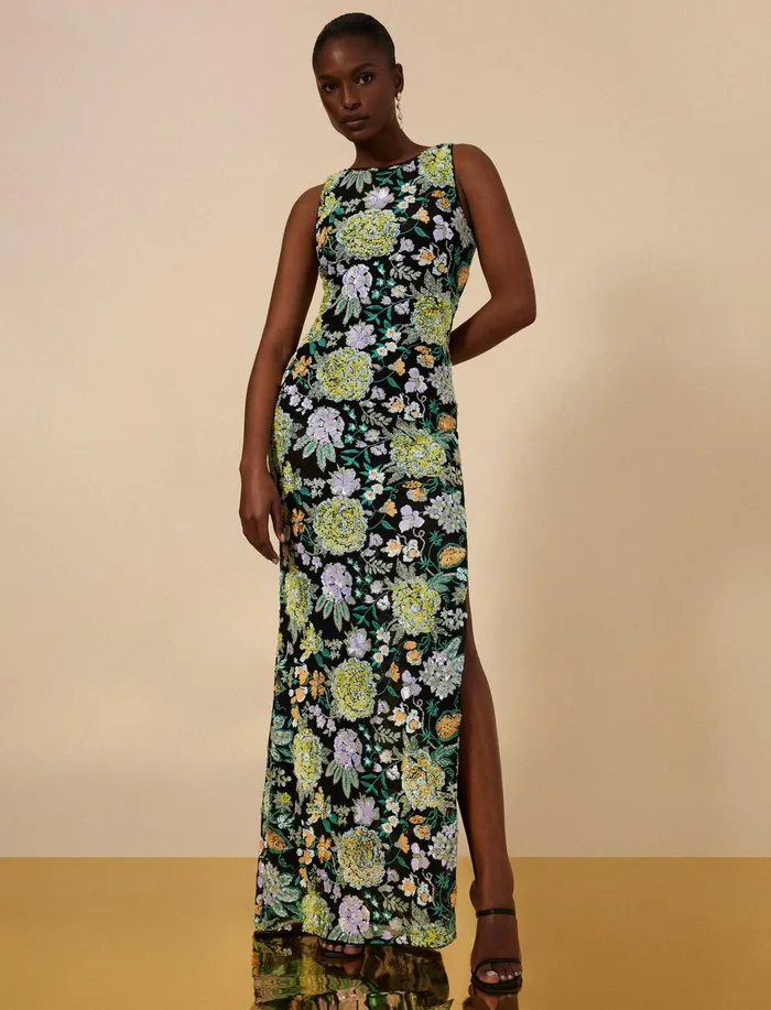 Women Evening Dresses and Gowns BCBG Bella Embroidered Floral Gown Black Combo