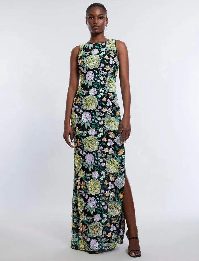Women Evening Dresses and Gowns BCBG Bella Embroidered Floral Gown Black Combo