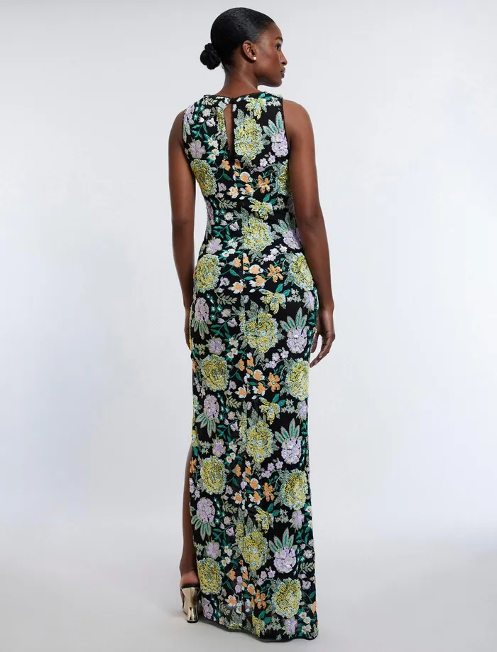 Women Evening Dresses and Gowns BCBG Bella Embroidered Floral Gown Black Combo