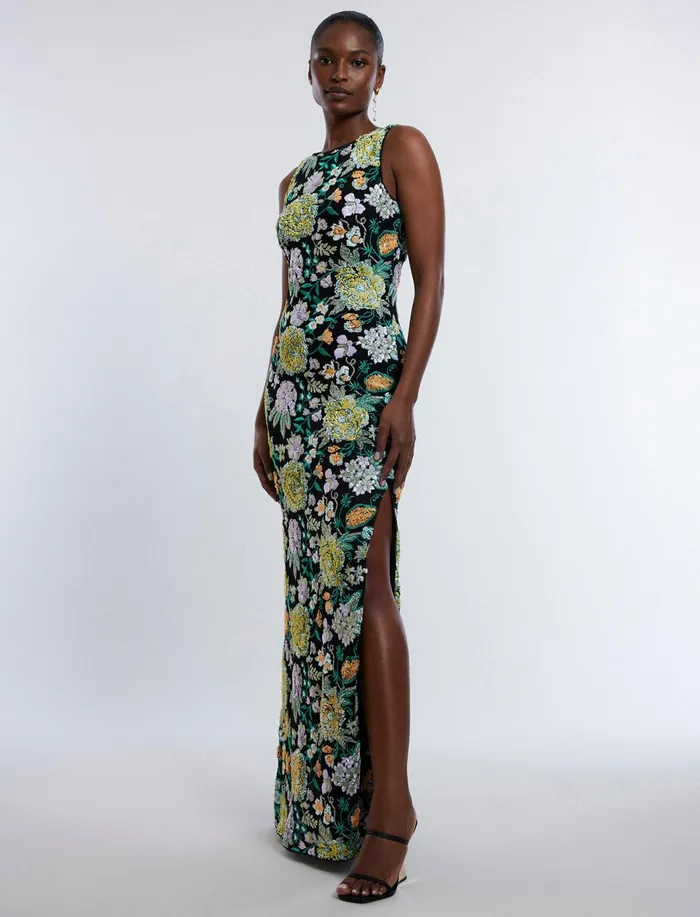 Women Evening Dresses and Gowns BCBG Bella Embroidered Floral Gown Black Combo