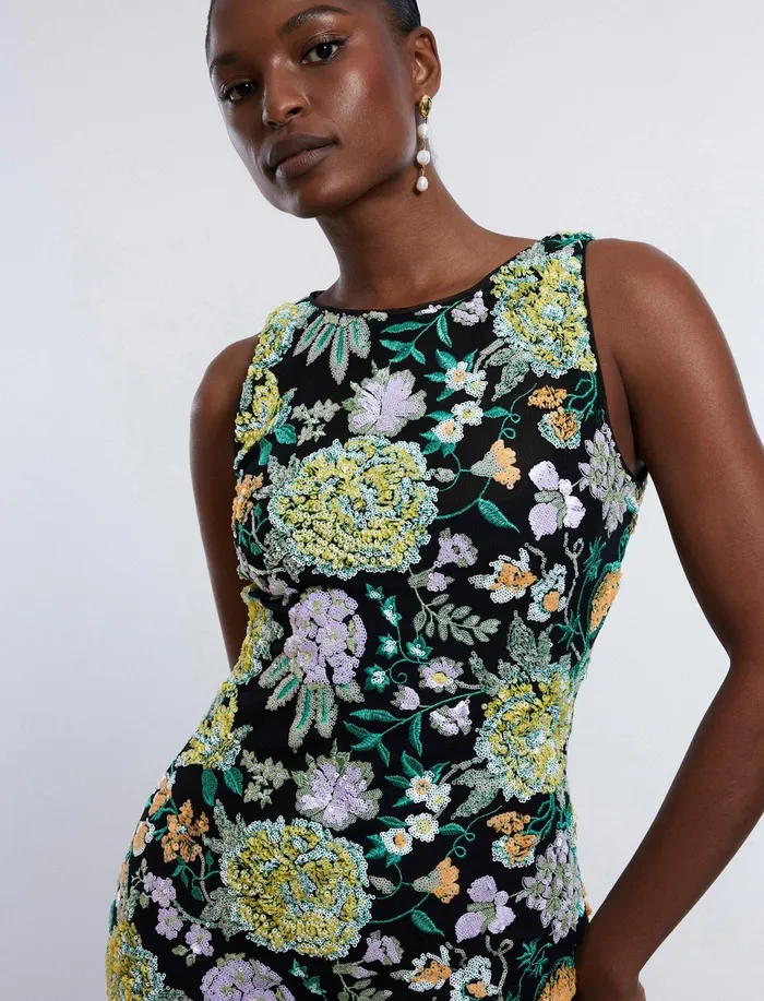 Women Evening Dresses and Gowns BCBG Bella Embroidered Floral Gown Black Combo