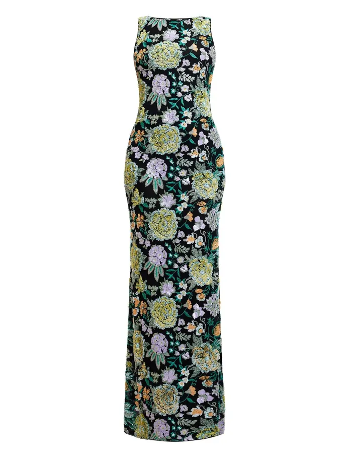 Women Evening Dresses and Gowns BCBG Bella Embroidered Floral Gown Black Combo