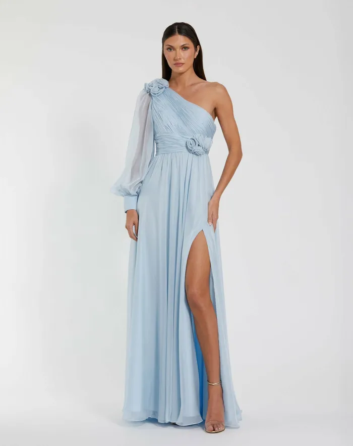 Women Evening Gowns Mac Duggal Blue One Sleeve Chiffon Gown With 3D Flowers Powder Blue