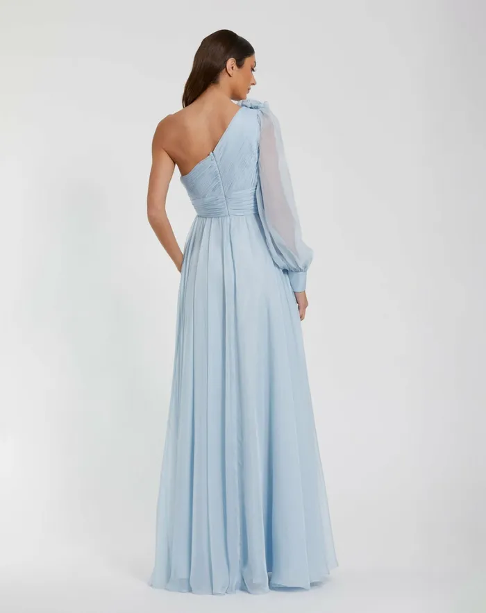 Women Evening Gowns Mac Duggal Blue One Sleeve Chiffon Gown With 3D Flowers Powder Blue