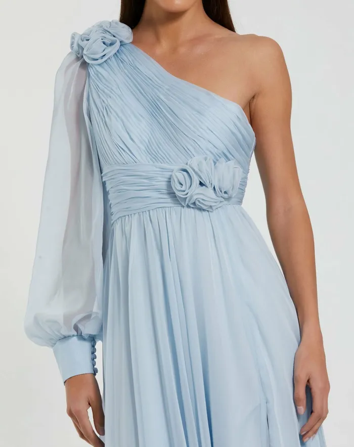 Women Evening Gowns Mac Duggal Blue One Sleeve Chiffon Gown With 3D Flowers Powder Blue
