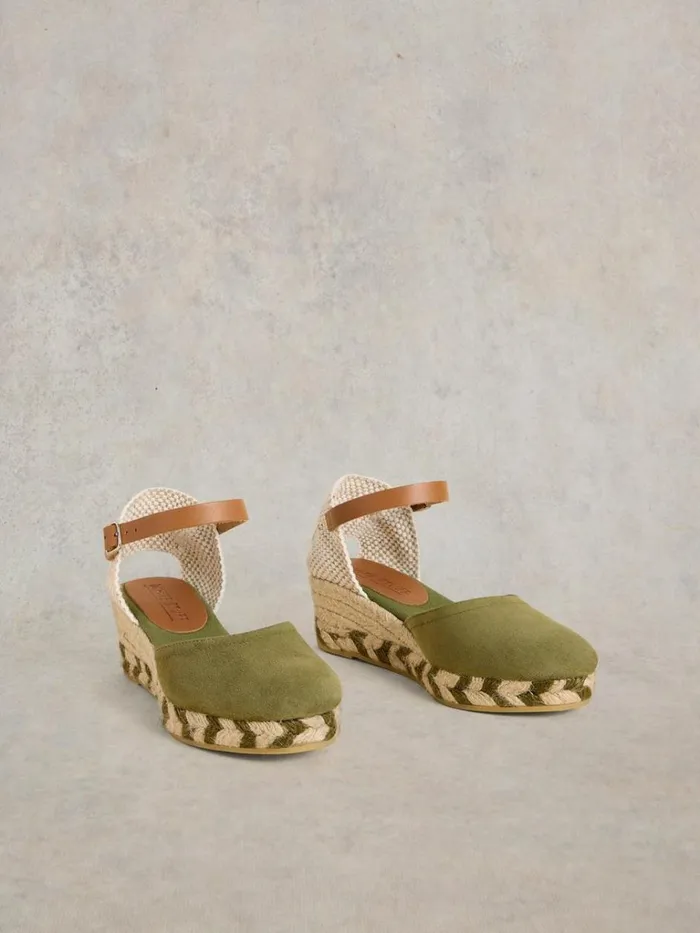 Women HEELS and WEDGES White Stuff Suede Closed Espadrille Wedge Khaki Green
