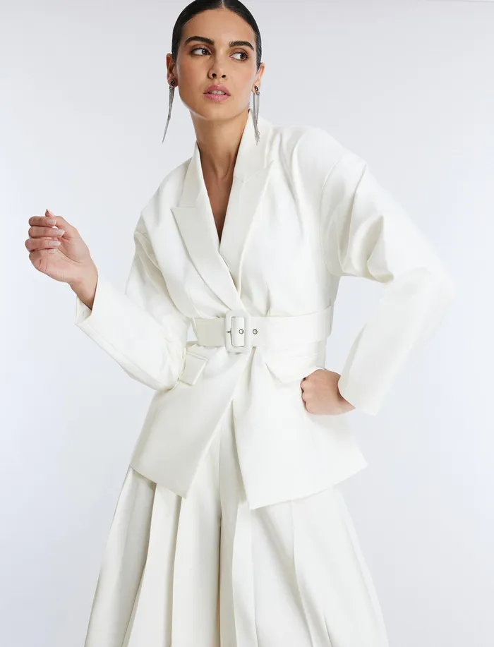 Women Jackets and Blazers BCBG Belted Blazer Gardenia