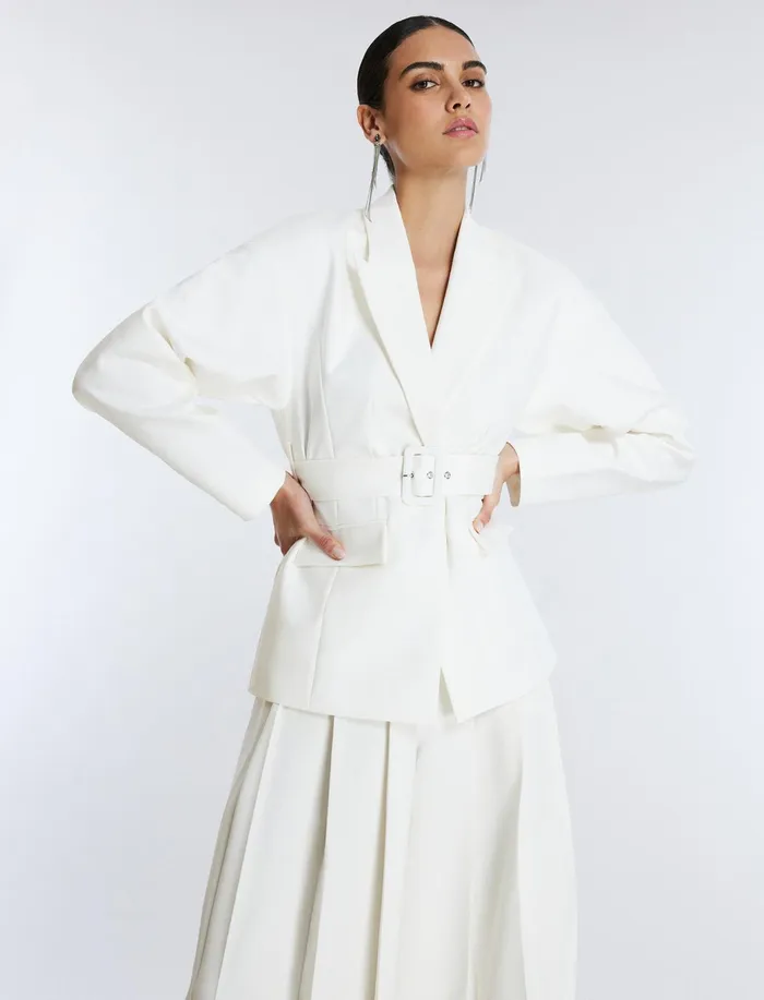 Women Jackets and Blazers BCBG Belted Blazer Gardenia