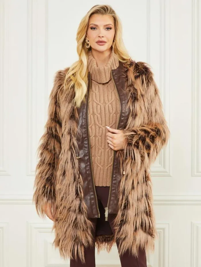 Women Jackets Marciano Dinah Shaggy Coat Dark Bourbon With Classic