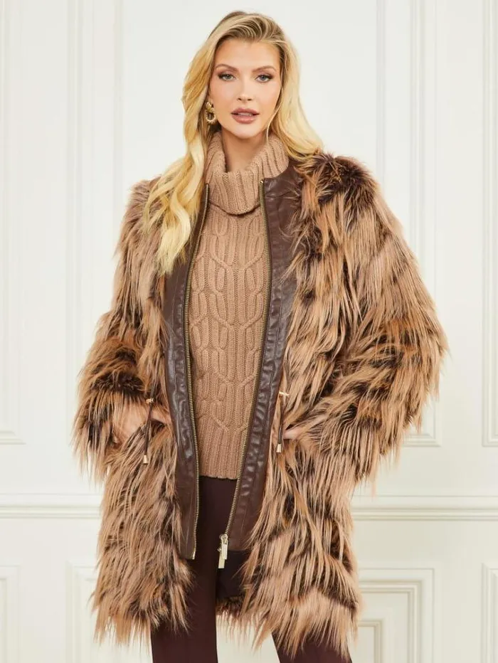 Women Jackets Marciano Dinah Shaggy Coat Dark Bourbon With Classic Women Jackets Marciano Dinah Shaggy Coat Dark Bourbon With Classic