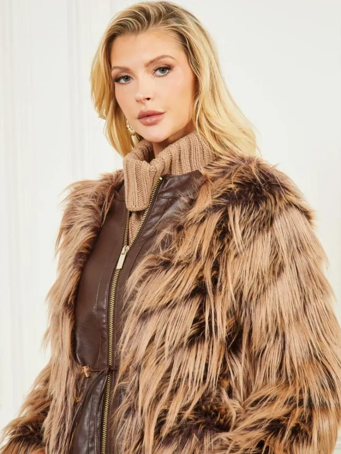 Women Jackets Marciano Dinah Shaggy Coat Dark Bourbon With Classic Women Jackets Marciano Dinah Shaggy Coat Dark Bourbon With Classic