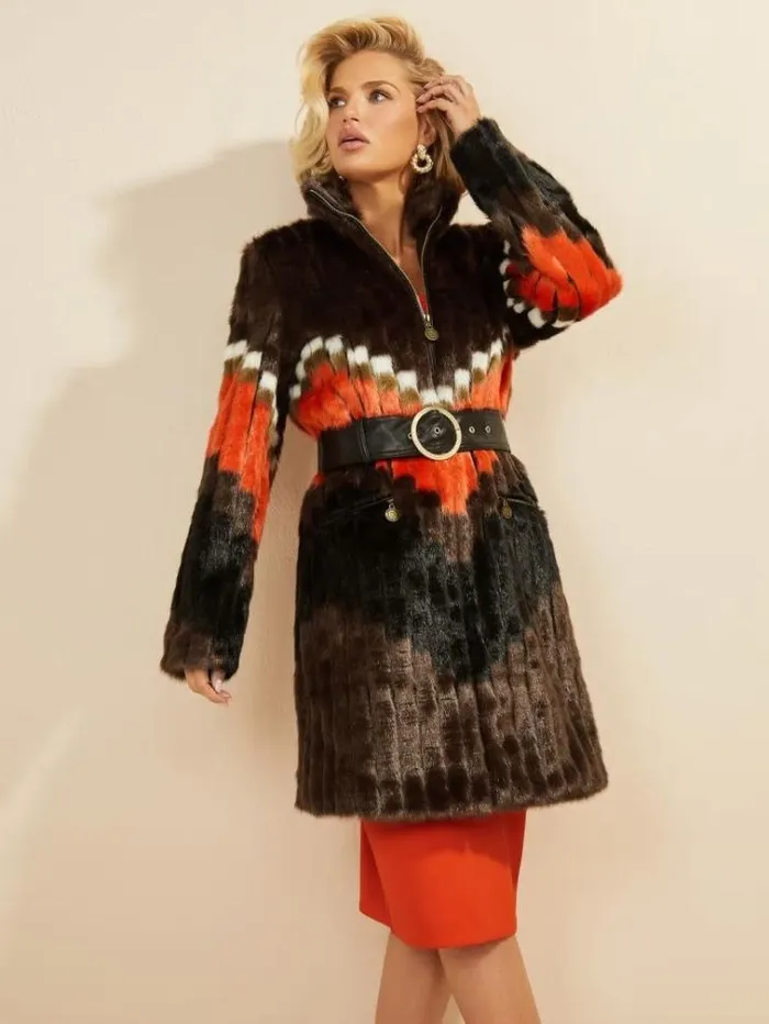 Women Jackets Marciano Judy FauxFur Coat Chevron Orange