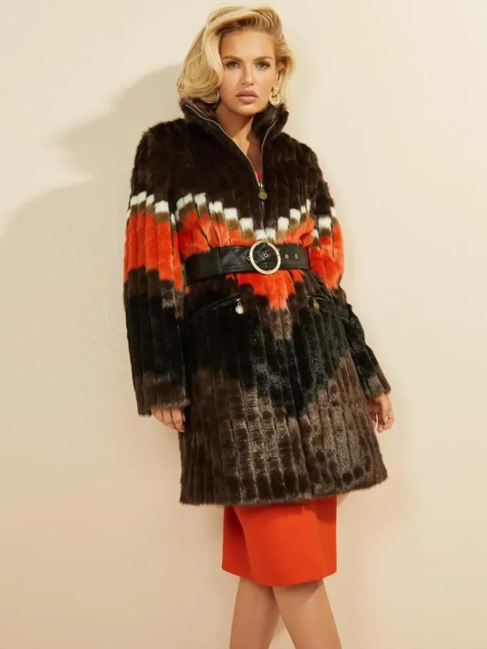 Women Jackets Marciano Judy FauxFur Coat Chevron Orange