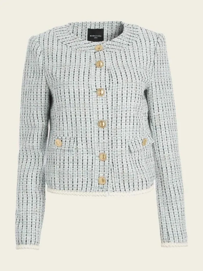 Women Jackets Marciano Provence Tweed Blazer Remarkable Blue Tweed Women Jackets Marciano Provence Tweed Blazer Remarkable Blue Tweed