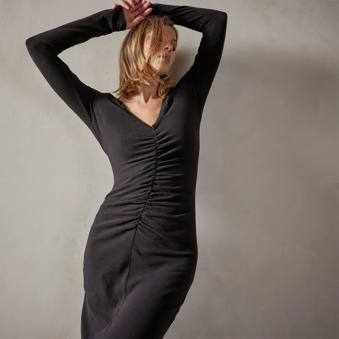 WOMEN James Perse DRESSESJUMPSUITS Deep V Front Ruched Dress Black