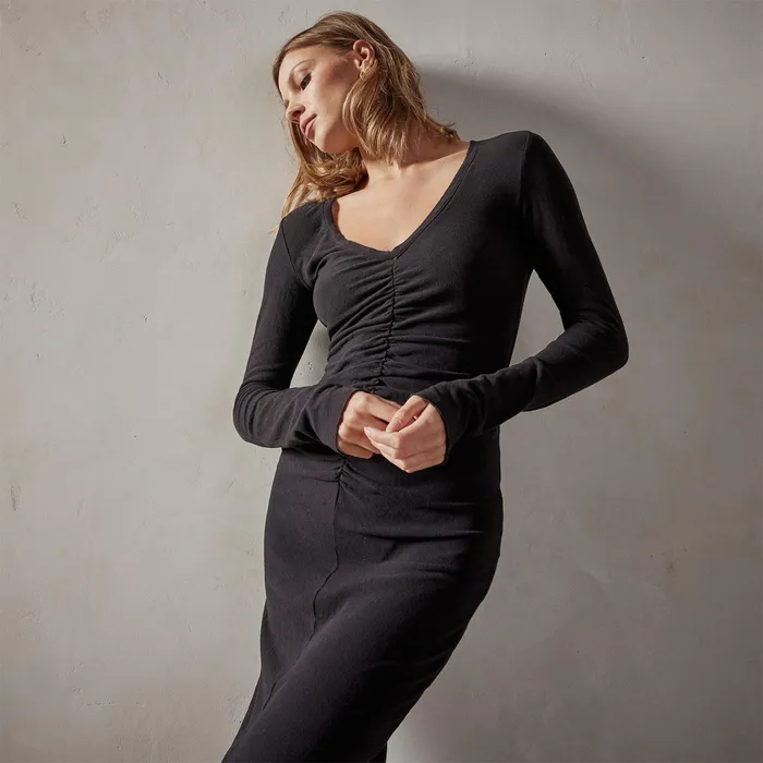 WOMEN James Perse DRESSESJUMPSUITS Deep V Front Ruched Dress Black