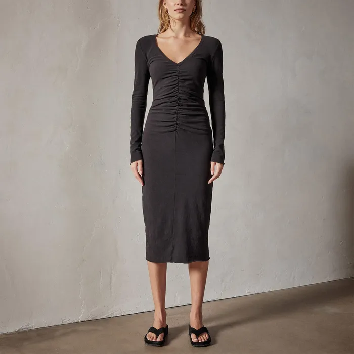 WOMEN James Perse DRESSESJUMPSUITS Deep V Front Ruched Dress Black