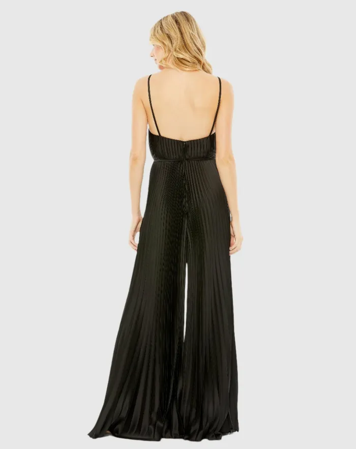 Women Jumpsuits and Rompers Mac Duggal Black Pleated Plunge Neck Wide Leg Jumpsuit Black