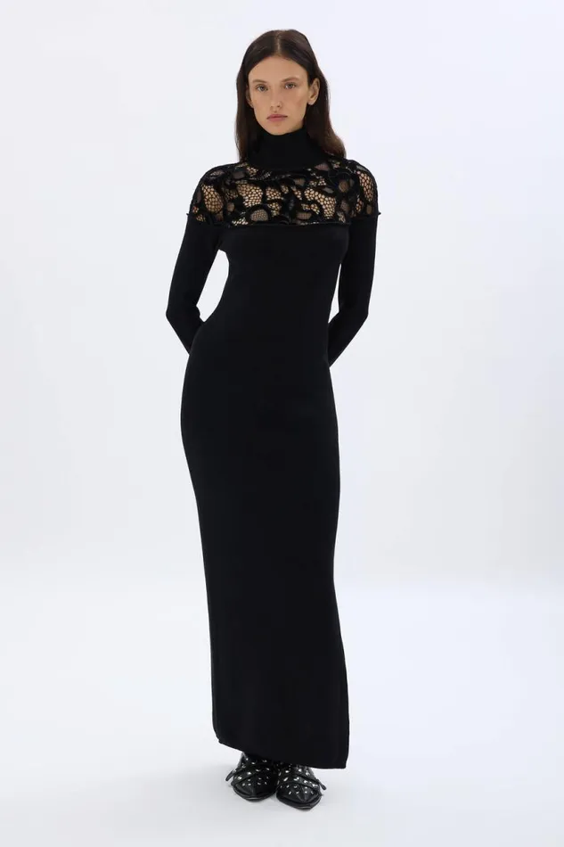 Women Knitted Velvet And Lace Dress Black Black Sonia Rykiel Long Dresses