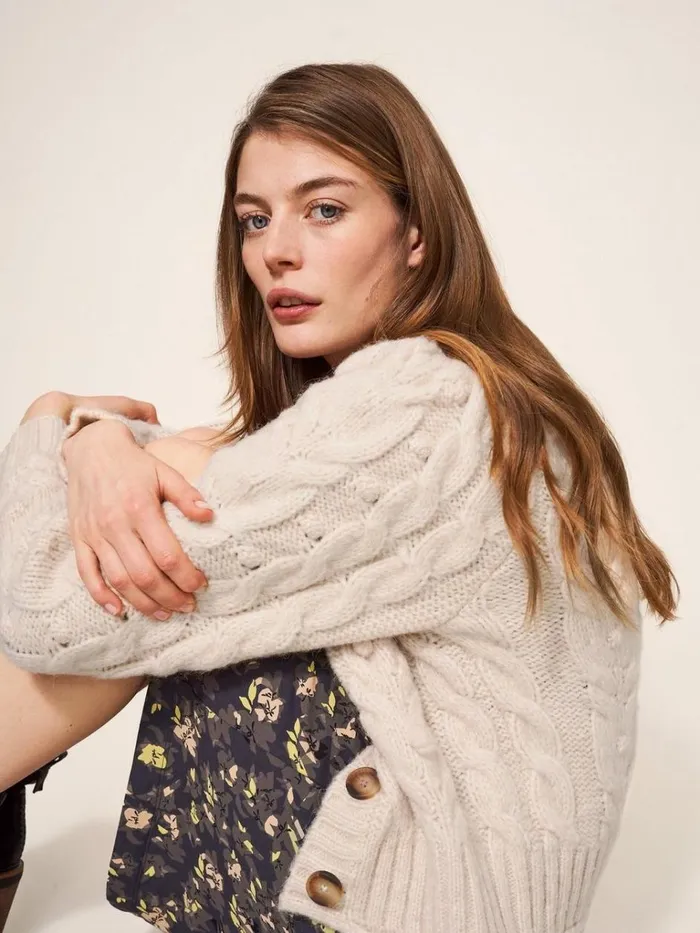 Women KNITWEAR White Stuff CABLE CARDI Dark Natural