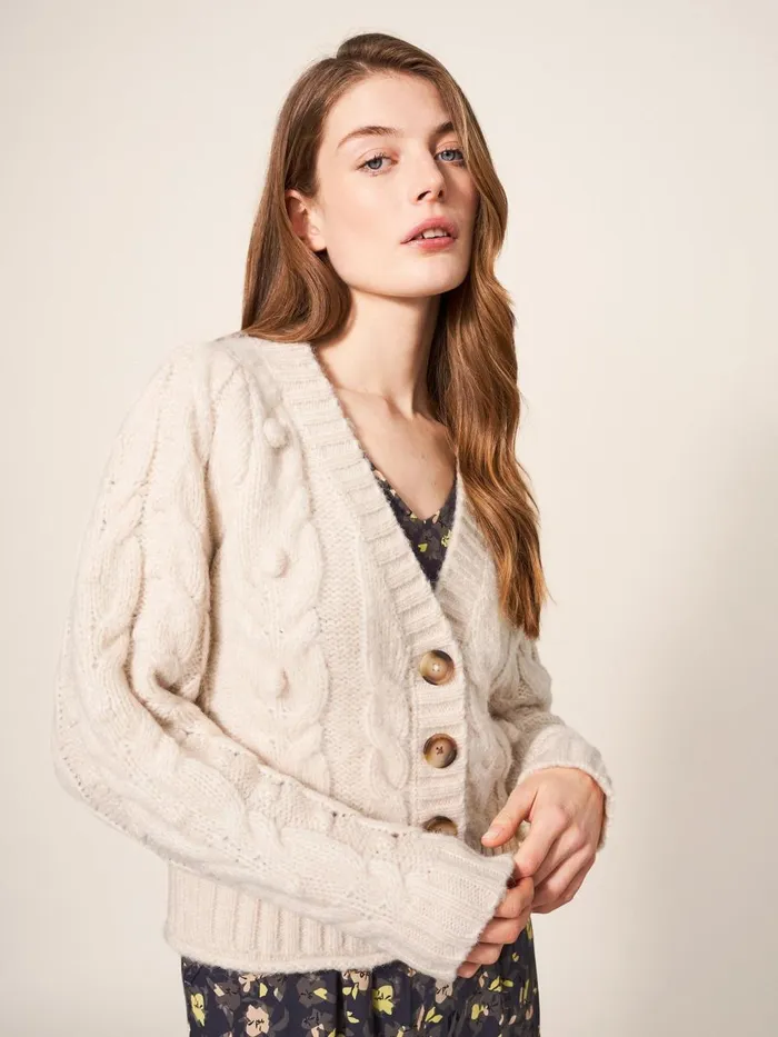 Women KNITWEAR White Stuff CABLE CARDI Dark Natural