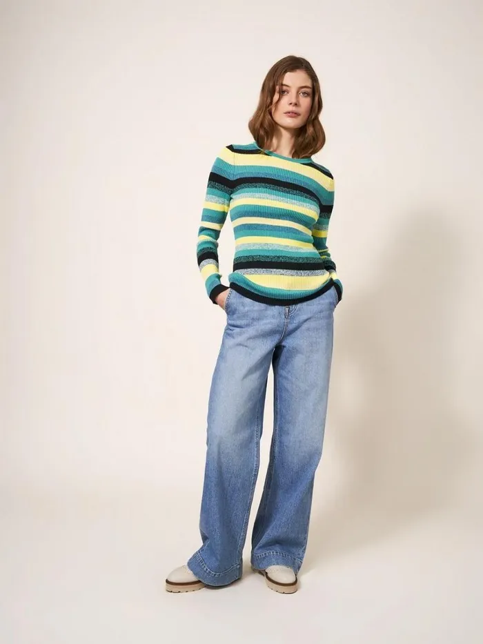 Women KNITWEAR White Stuff RIBBED JUMPER Teal Multi