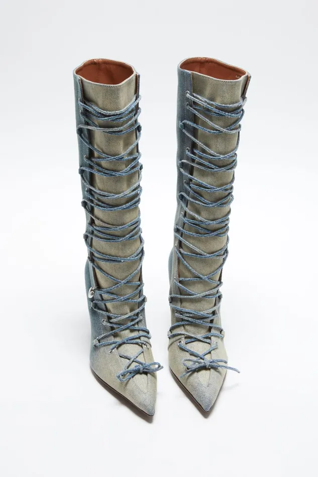 Women Laceup Heel Boots Dusty Blue Acne Studios Shoes