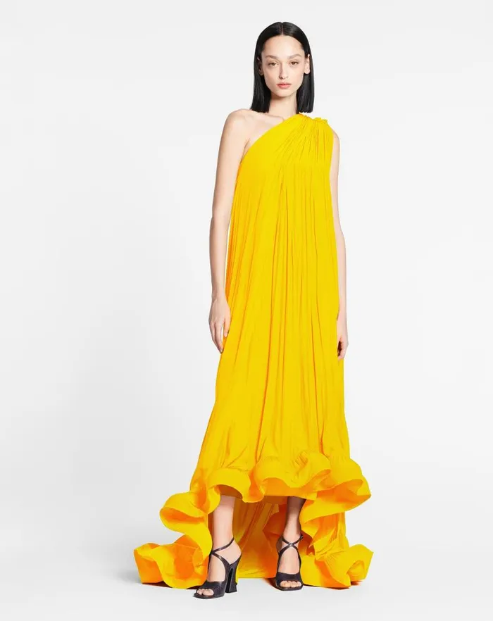 Women Lanvin Dresses Long Charmeuse Asymmetric Tribute Dress Sunflower