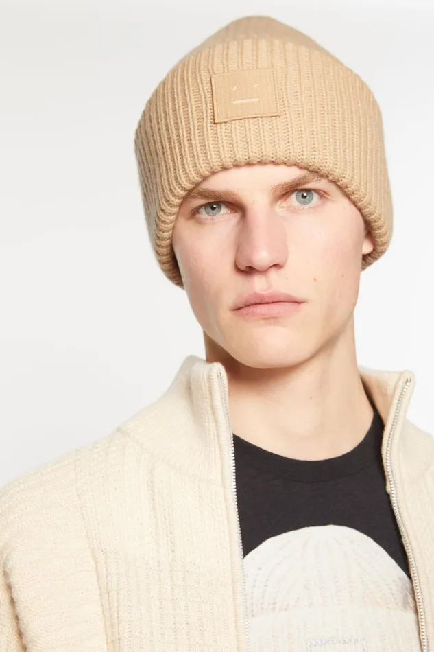 Women Large Face Logo Beanie Biscuit Beige Acne Studios Face Collection