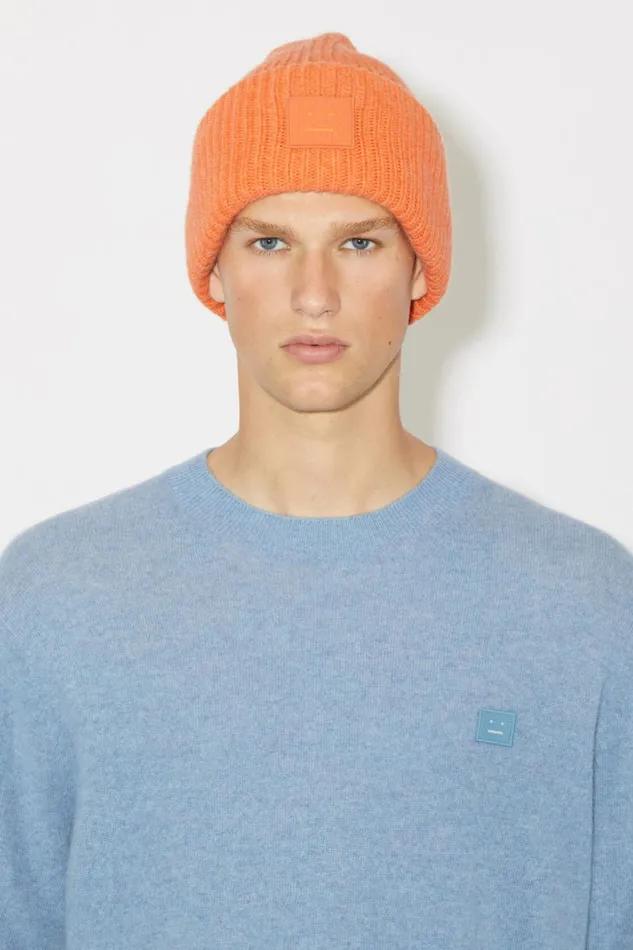Women Large Face Logo Beanie Mandarin Orange Melange Acne Studios Hats
