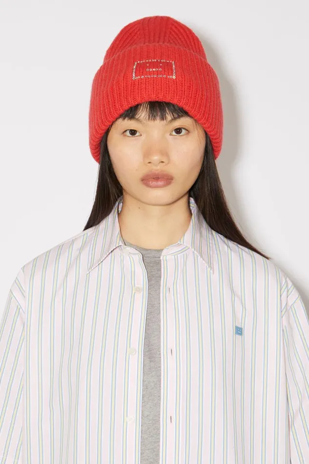 Women Large Face Logo Beanie Sharp Red Acne Studios Hats