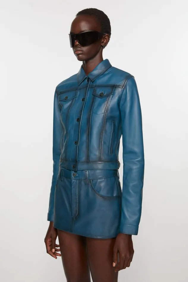 Women Leather Jacket Blue Acne Studios Outerwear