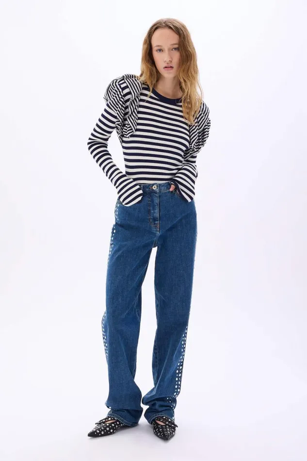 Women Longsleeve Striped Sweater With Ruffles Striped Whiteblue Multi Sonia Rykiel Sweaters