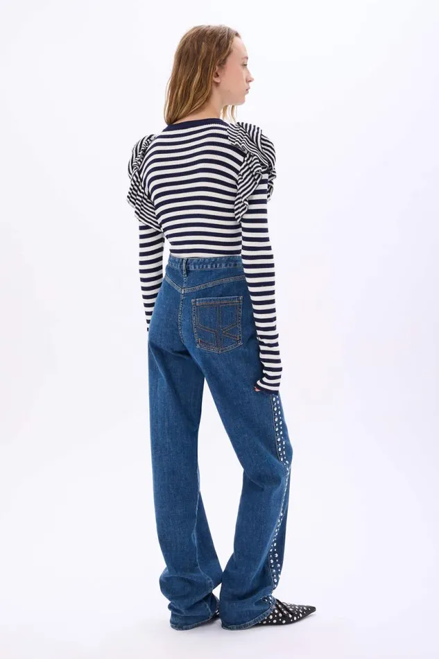 Women Longsleeve Striped Sweater With Ruffles Striped Whiteblue Multi Sonia Rykiel Sweaters