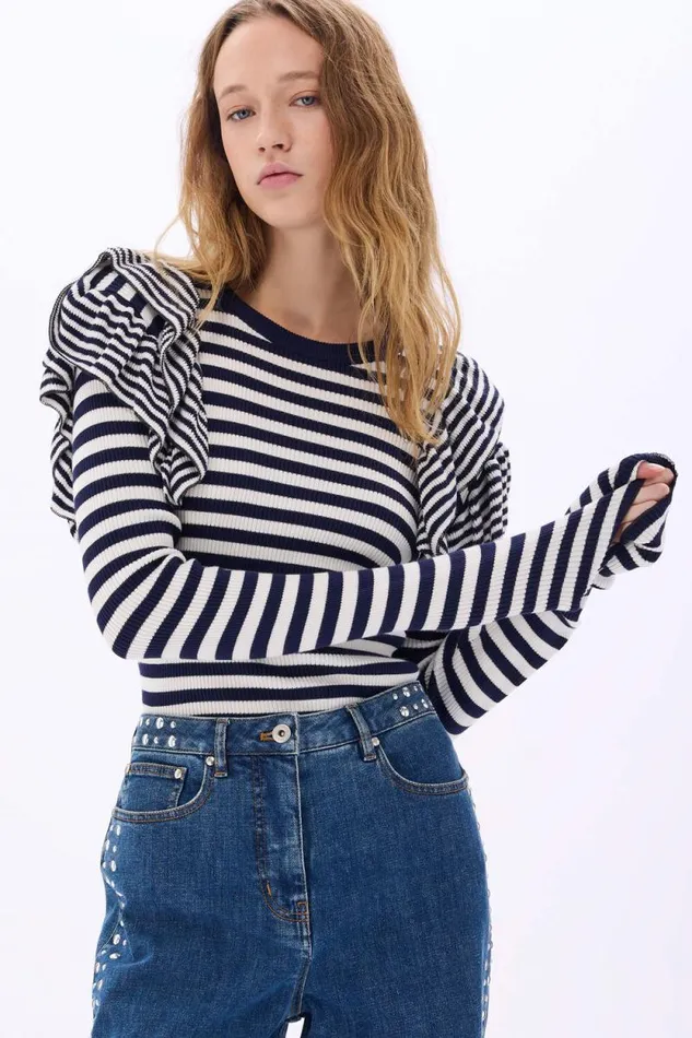 Women Longsleeve Striped Sweater With Ruffles Striped Whiteblue Multi Sonia Rykiel Sweaters