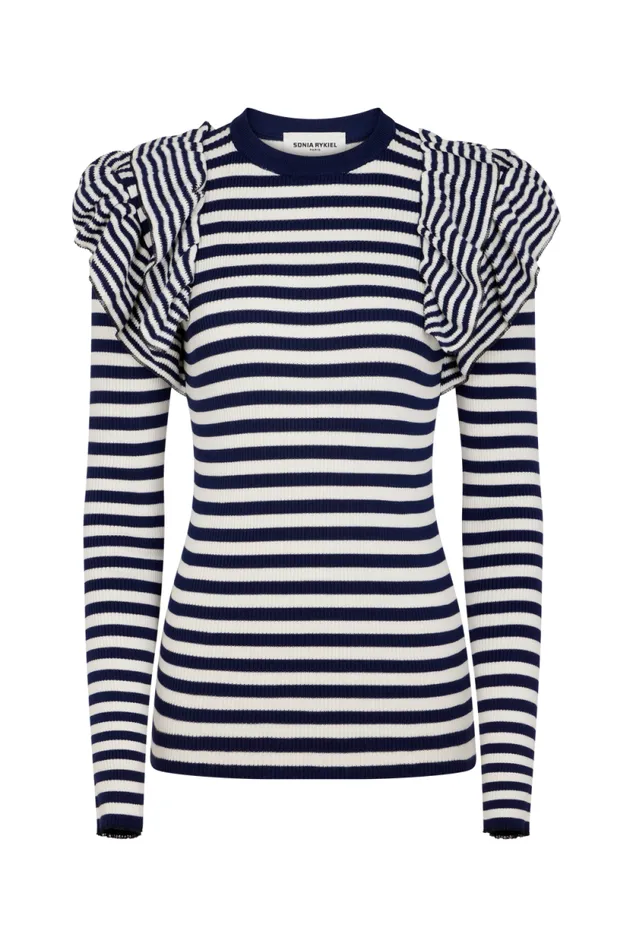 Women Longsleeve Striped Sweater With Ruffles Striped Whiteblue Multi Sonia Rykiel Sweaters
