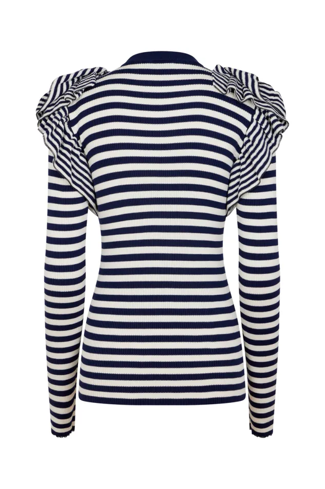 Women Longsleeve Striped Sweater With Ruffles Striped Whiteblue Multi Sonia Rykiel Sweaters