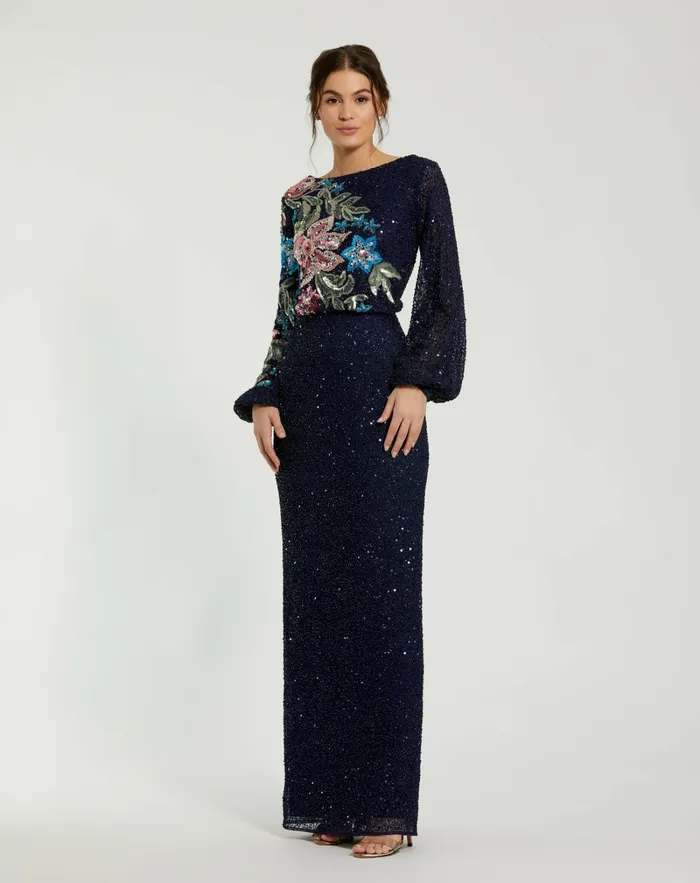 Women Mac Duggal Blue Embellished Multi Color Floral High Neck Gown Midnight Evening Gowns