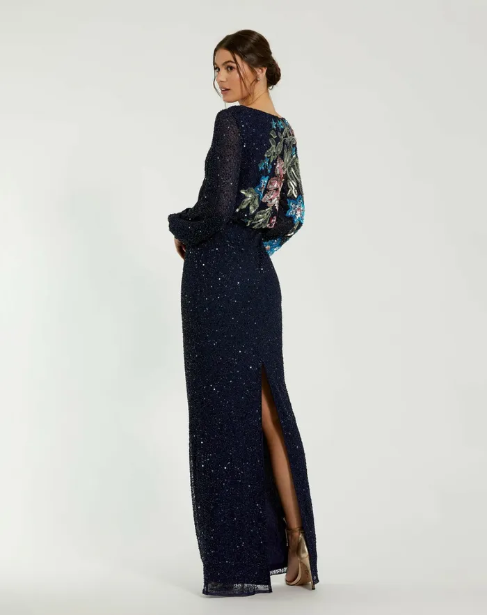 Women Mac Duggal Blue Embellished Multi Color Floral High Neck Gown Midnight Evening Gowns